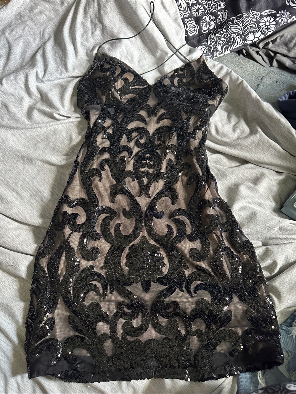 Windsor Black Sequin Lace-Overlay Mini Dress